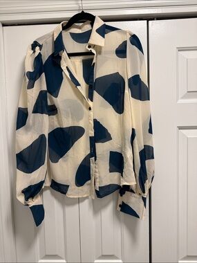 Cream and Navy Abstract Print Button-Up Blouse